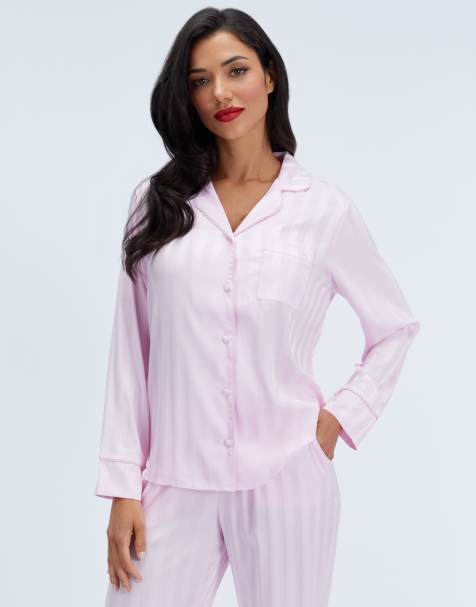 Boux Avenue Striped satin long pyjama set collared top and trousers pj in light pink - view 1