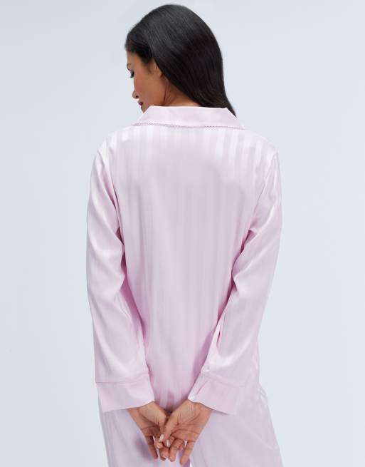 Boux Avenue Striped satin long pyjama set collared top and trousers pj in light pink, 2 of 7