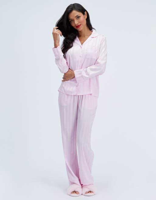 Boux Avenue Striped satin long pyjama set collared top and trousers pj in light pink, 4 of 7