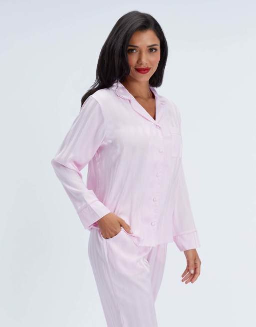 Boux Avenue Striped satin long pyjama set collared top and trousers pj in light pink, 6 of 7