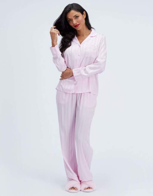 Boux Avenue Striped satin long pyjama set collared top and trousers pj in light pink, 7 of 7