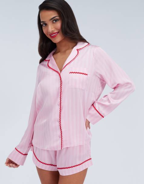 Boux Avenue Striped satin short pyjama set relaxed top and shorts in pink mix - view 1