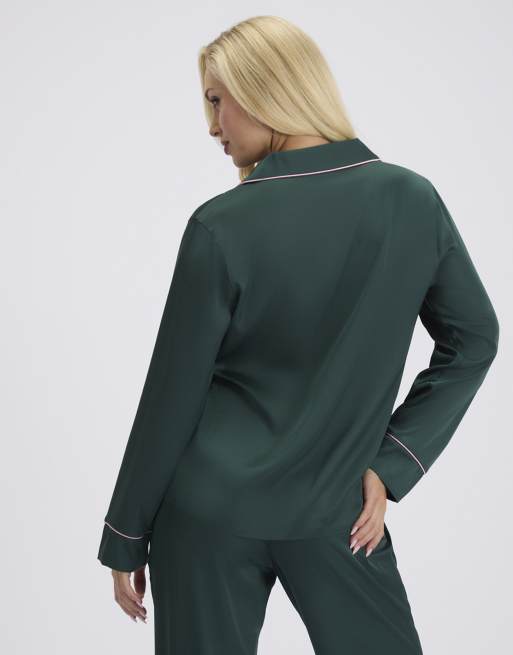 Boux Avenue Sweet dreams satin long pyjama set top and trousers pj in deep green, 2 of 4