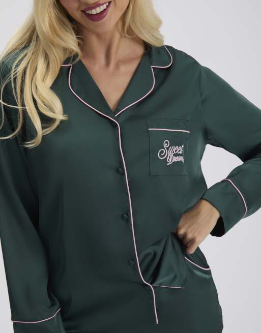Boux Avenue Sweet dreams satin long pyjama set top and trousers pj in deep green, 3 of 4