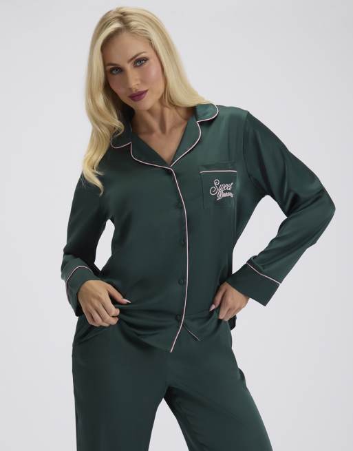 Boux Avenue Sweet dreams satin long pyjama set top and trousers pj in deep green, 4 of 4