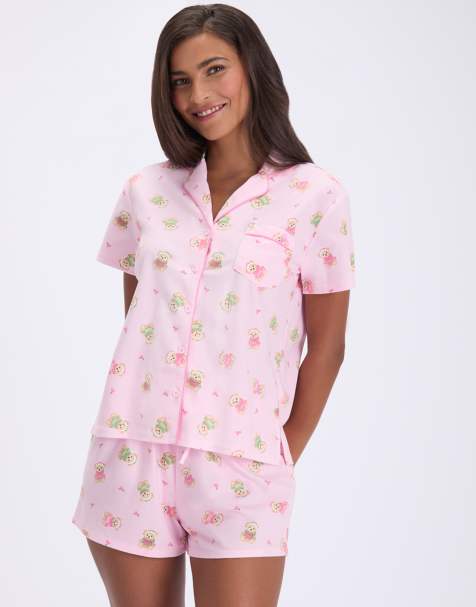 Boux Avenue Teddy bear fleece pyjama shorties in a bag nightwear set in pink mix - view 1