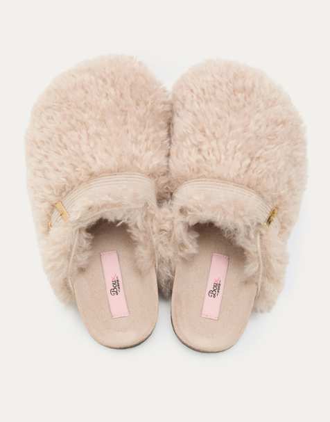 Boux Avenue Teddy fleece clog mule slippers adjustable strap loungewear in stone - view 1
