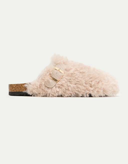 Boux Avenue Teddy fleece clog mule slippers adjustable strap loungewear in stone, 2 of 4