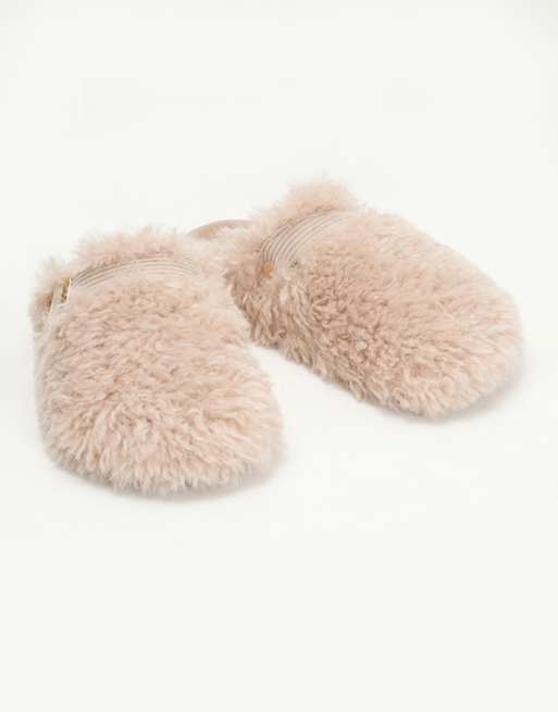 Boux Avenue Teddy fleece clog mule slippers adjustable strap loungewear in stone, 3 of 4