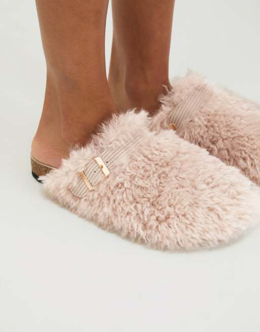 Boux Avenue Teddy fleece clog mule slippers adjustable strap loungewear in stone, 4 of 4