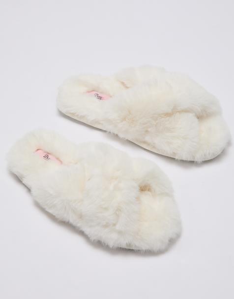 Boux Avenue tofflor med korsad rem, öppen tå, mjuk plysch, loungewear, ivory - view 1