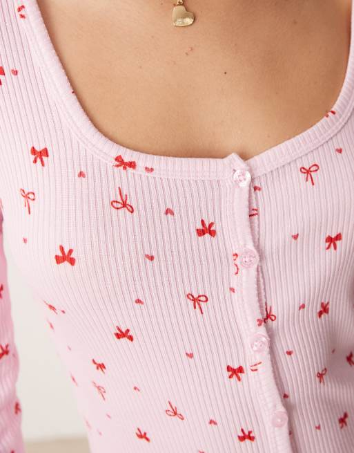 Boux Avenue - Tuta corta rosa a coste con stampa di fiocchi, 3 di 4