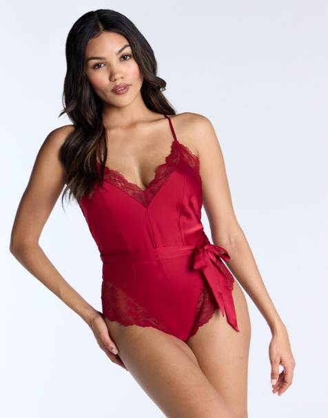 Boux Avenue Valentina satin and lace teddy nightwear body in dark red - view 1