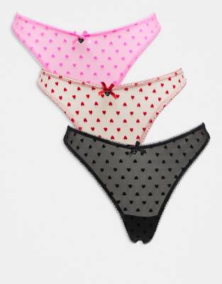 Boux Avenue Boux Avenue Valentines Catie 3 pack heart flock high leg thong in multi - MULTI
