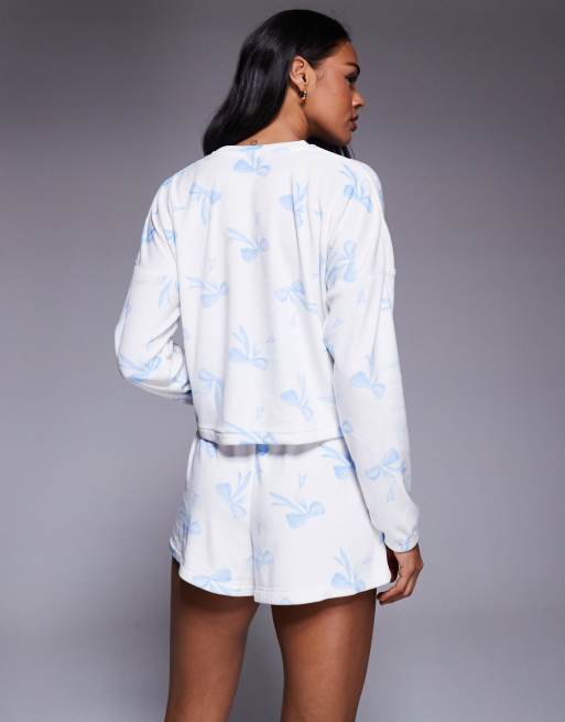 Boux Avenue velour bow print short pyjama set in ivory, 4 of 4