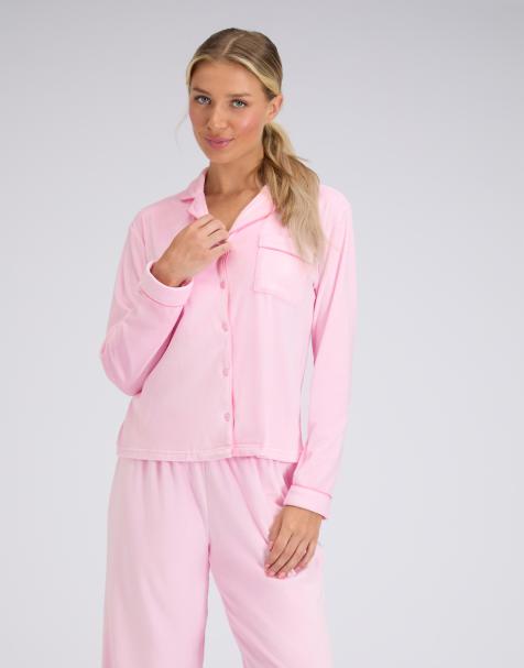 Boux Avenue Velour soft long sleeve top and trousers pyjama set in pink mix - view 1