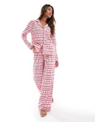 Boux Avenue - Weihnachtlicher Fleece-Pyjama mit langärmligem Hemd und Hose mit Norweger-Print, inkl. Tasche-Rosa