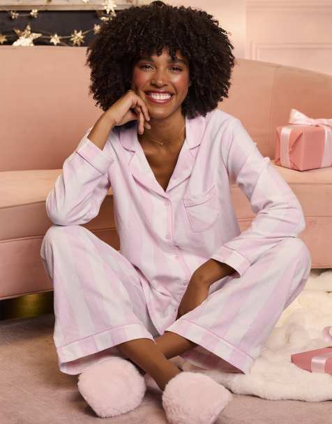 Boux Avenue Wide stripe cotton pyjamas in a bag soft nightwear set in pink mix - view 1