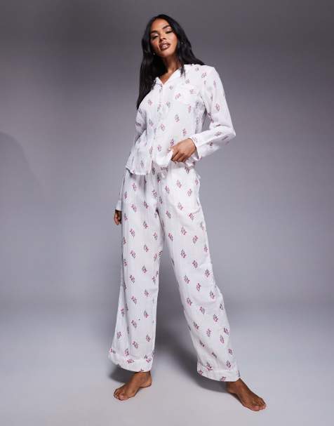 Boux Avenue Wildflower cotton top and trousers pyjama set in cream - view 1