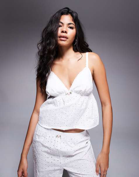 Boux Avenue woven cotton broderie cami and pant set in white - view 1