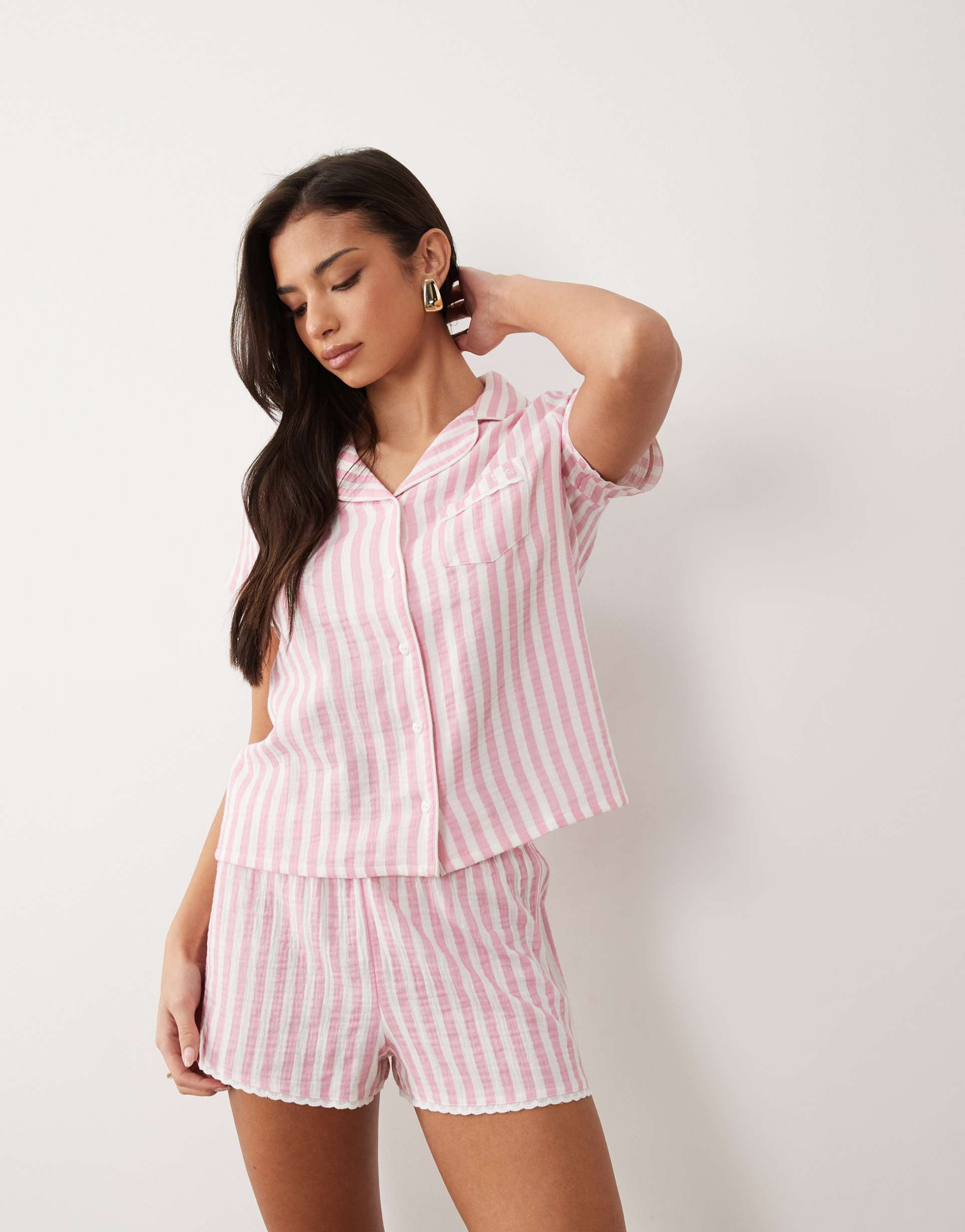 boux avenue woven cotton short pajama set in pink stripes