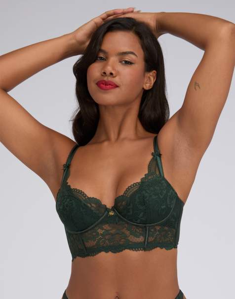 Boux Avenue Wren lace padded longline balconette bra underwired lingerie in bottle green - view 1
