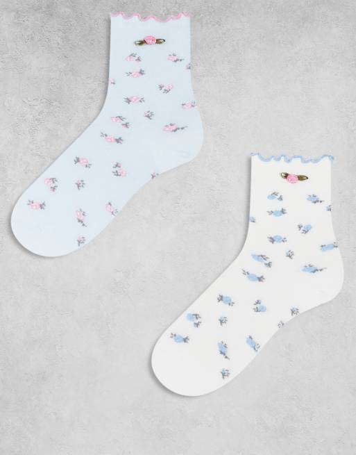 Boux Avenue – Zestaw 2 par skarpetek do kostki w różnych kolorach w kwiatowy wzór