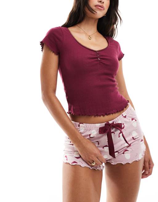 Boux Avenue – Zestaw świąteczny: prążkowany top z krótkimi rękawami i szorty we wzór z motywem świętego Mikołaja 