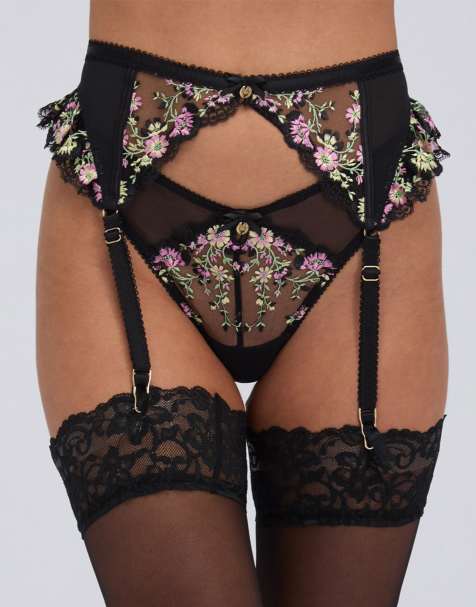 Boux Avenue Zinnia embroidered suspender belt floral sexy garter belt in black mix - view 1
