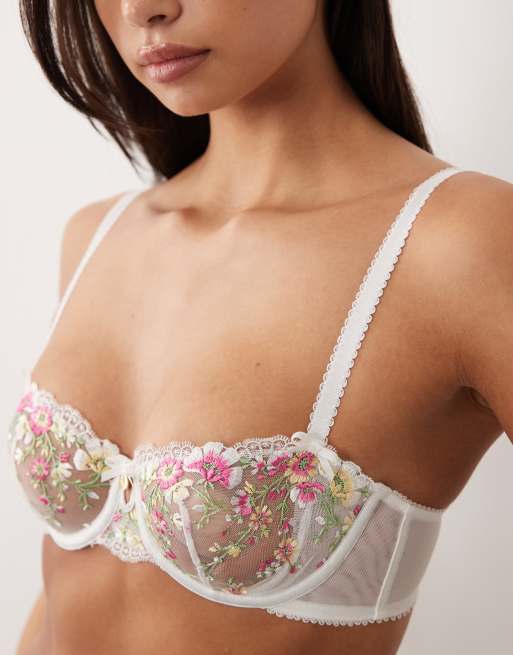 Boux Avenue Zinnia floral embroidered balconette bra in white | ASOS
