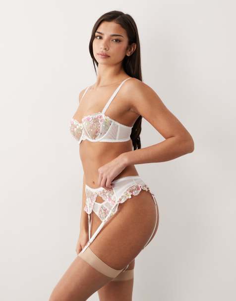 Boux Avenue Zinnia floral embroidered bra thong and suspender belt set in white - view 1