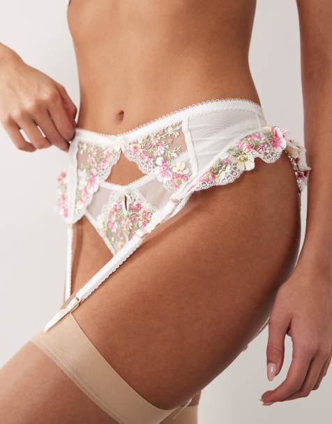 Boux Avenue Zinnia floral embroidered suspender belt in white - view 1