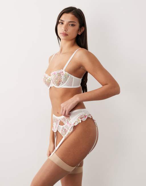 Boux Avenue Zinnia floral embroidered suspender belt in white, 2 of 3