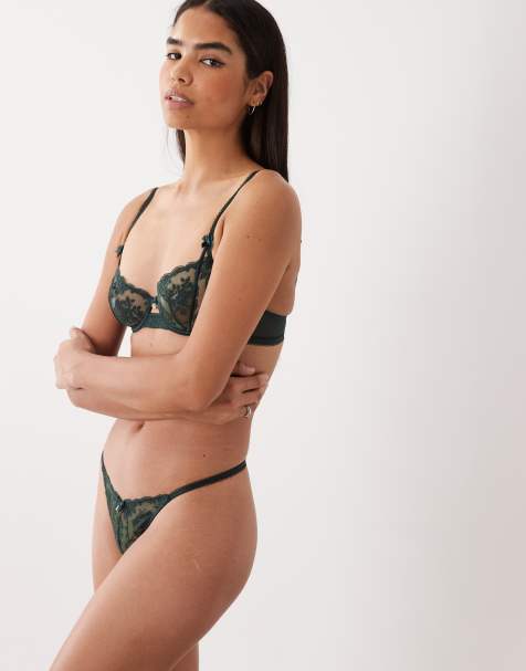 Boux Avenue – Zoe – Ciemnozielone stringi z haftowanej siateczki - view 1