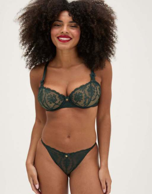 Boux Avenue Zoe embroidered briefs mesh back high leg underwear in deep green, 3 of 4