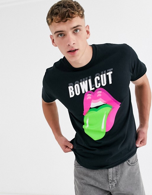 Bowlcut fluro tongue print t-shirt in black