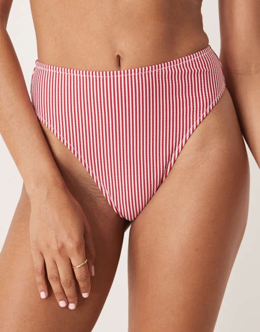 Braguitas de bikini a rayas burdeos de pernera y talle altos de sirsaca Anna de ASOS DESIGN, 2 de 4