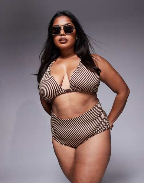 Braguitas de bikini a rayas marrón chocolate de talle alto Vivienne de ASOS DESIGN Curve - view 1