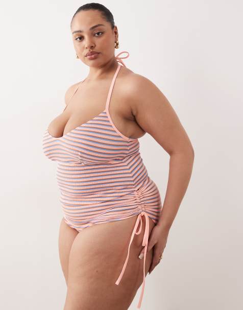 Braguitas de bikini a rayas texturizadas de talle alto con laterales fruncidos Sally de ASOS DESIGN Curve - view 1