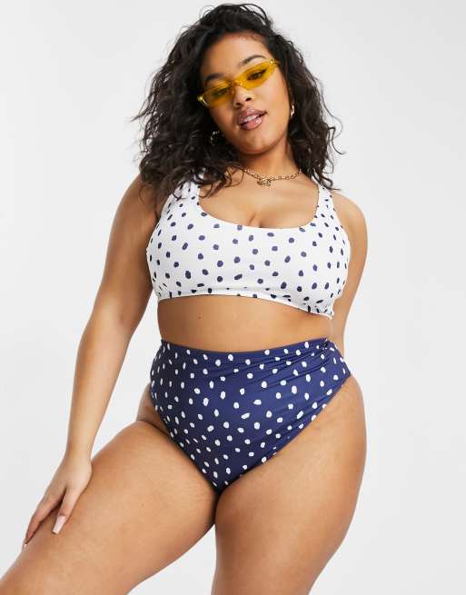 Braguitas de bikini azul marino de talle y pernera altas con estampado de lunares Mix Match ASOS DESIGN Curve