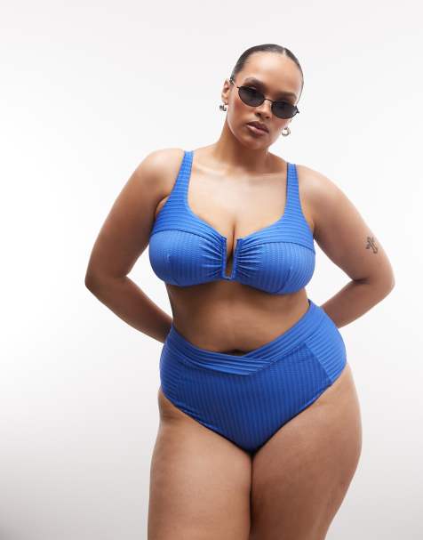 Braguitas de bikini azules de talle alto con parte delantera cruzada y diseño dividido de canalé Rory de ASOS DESIGN Curve - view 1