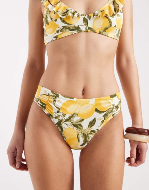 Braguitas de bikini blancas con laterales fruncidos y estampado multicolor de limones de Lindex, 4 de 4
