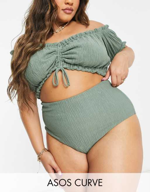 Braguitas de bikini caqui texturizadas de talle alto de ASOS DESIGN Curve