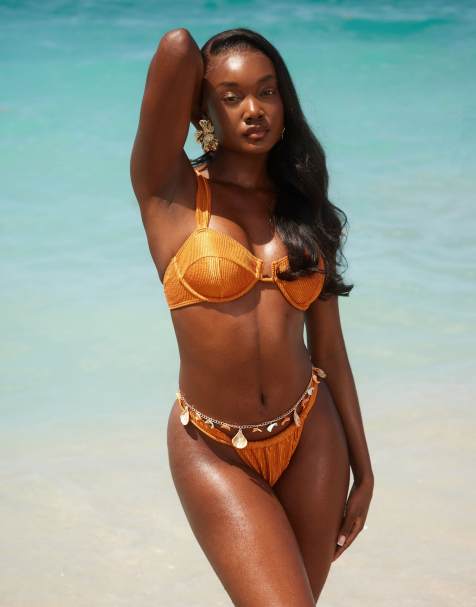 Braguitas de bikini color cobre fruncidas a los laterales de tejido efecto rugoso de South Beach - view 1