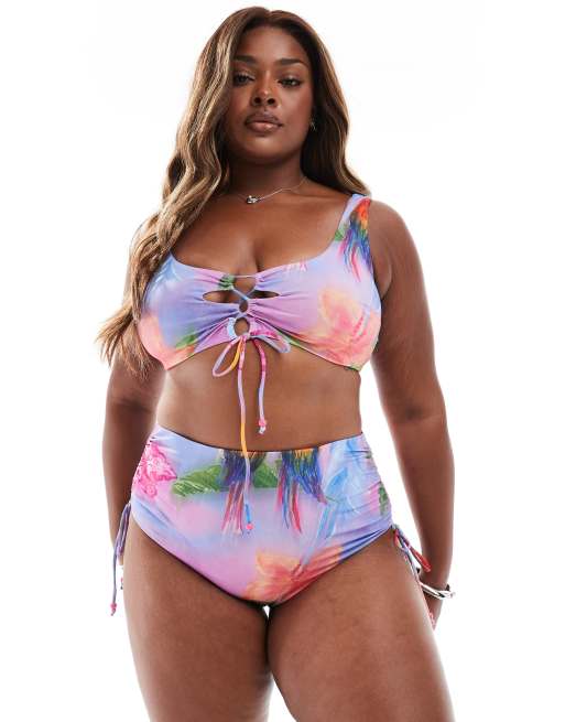 Braguitas de bikini de talle alto con estampado floral y detalle fruncido Paloma de ASOS DESIGN Curve