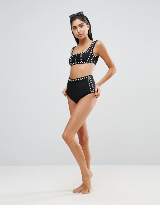 Braguitas de bikini de tiro alto con perlas de imitación de ASOS