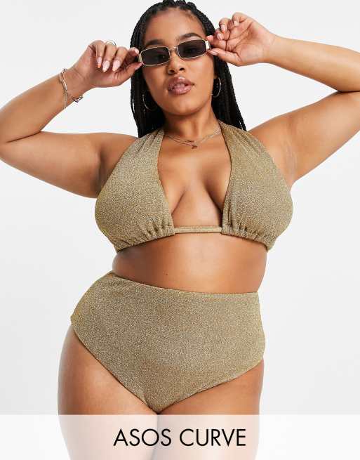 Braguitas de bikini doradas de talle alto con purpurina Mix & Match de ASOS DESIGN Curve