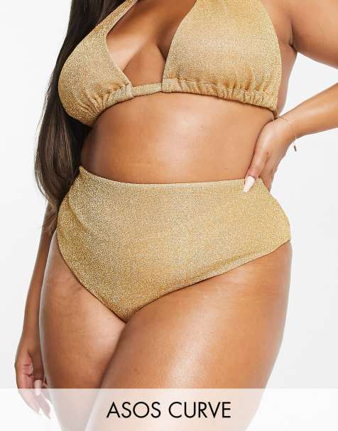 Braguitas de bikini doradas de talle alto con purpurina Mix & Match de ASOS DESIGN Curve - view 1