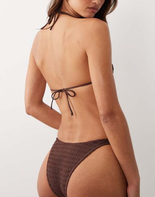 Braguitas de bikini marrones de pernera alta con tiras dobles y ribete de cuentas de resina de tejido texturizado Ruthie de ASOS DESIGN, 4 de 4