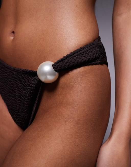 Braguitas de bikini marrones de talle alto con detalle de perla de South Beach, 2 de 4